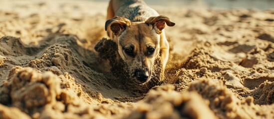 Beach dog digs sand.