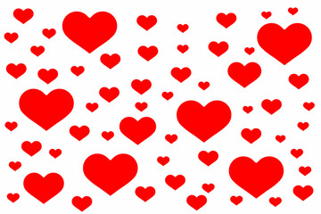 白い背景に大小たくさんのバレンタインの赤いハートのオブジェ