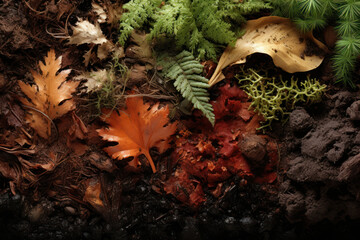 The microbial diversity in a forest soil, contributing to the decomposition of leaf litter and playing a vital role in nutrient cycling. Generative Ai.