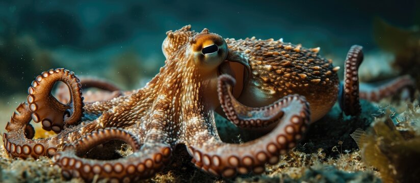 A smaller octopus, called horned or curled, rests on the sea floor among common brittle stars, using camouflage by altering its skin texture.