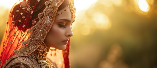 Female individual, bride with bridal attire and symbol of commitment for love-filled occasion, partnership or union bonding. - obrazy, fototapety, plakaty
