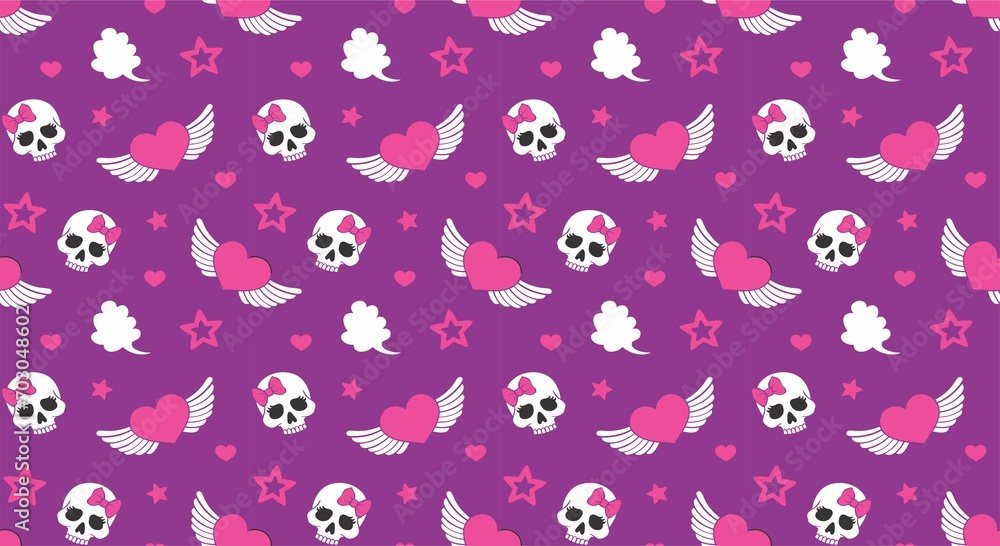 Wall mural skulls hearts and wings pattern