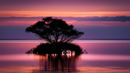 Fototapeta na wymiar Silhouette of a trees in the water at sunset with reflection, Scenic view of sea against sky at sunset, peaceful wallpaper, panorama landscape, sunset scene