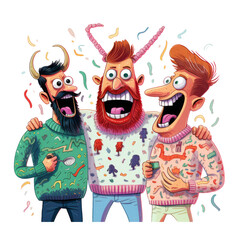 Funny Crazy Friends Laughing with Ugliest Sweaters Cartoon Illustration in transparent background