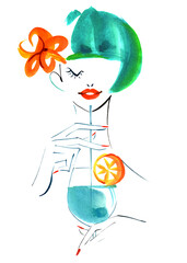 Colorful hand-drawn watercolor illustration of a woman drinking tropical juice.