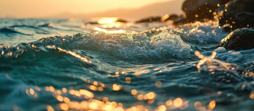 Low angled view of translucent turquoise sea water at sunset, with soft pastel tones. Selective focus and bokeh effect.