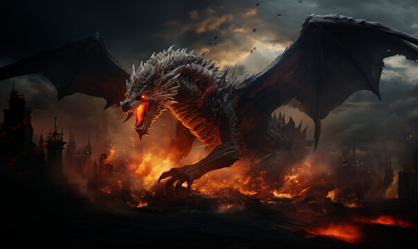 gorgeous big angry dragon spitting fire and destroying an entire city