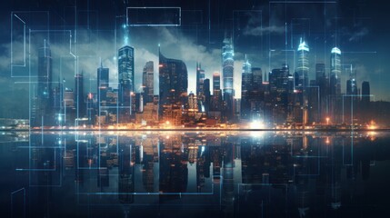 Modern City Showed in Particles Hologram Cyberpunk Style