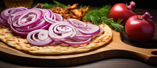 Obraz na płótnie Canvas Close-up of wooden board with red onion rings and pita bread, shallow depth of field, focusing on onion.