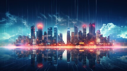 Modern City Showed in Particles Hologram Cyberpunk Style