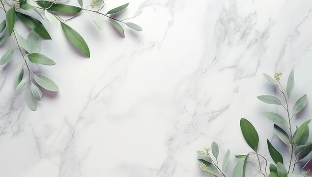 Generative AI image of 3d rendered background with marble and green leaves