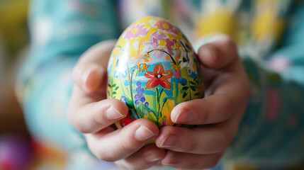 Close up of kid's hands holding hand painted colorful Easter eggs with copy space, for Easter Day's event and posters, greeting cards.