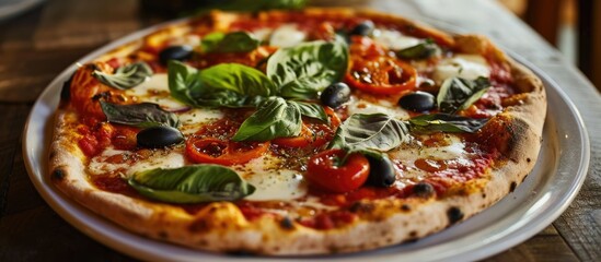 Best Neapolitan Pizza topped with Mozzarella, tomato, basil, and olives, on Marguerita dish.