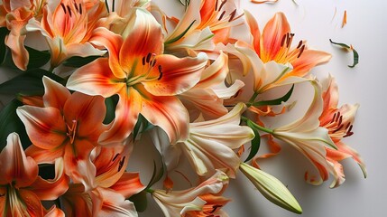 Lilies with vibrant petals on gradient orange-to-white paper.
