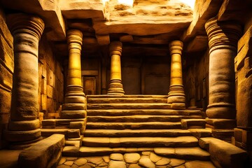 4k high resolution image of a old aged temple colored in yellow rustic limestones, with a big stoned round device in the back, some lights comming from there. An adventure envoirolment inspired in mov