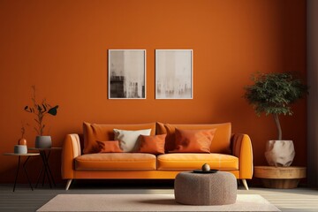 Generative AI image of living room in orange color 3d render