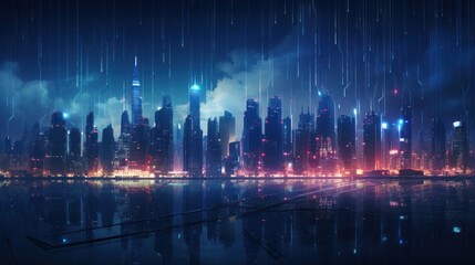 Fototapeta na wymiar Modern City showed in Particles Hologram Cyberpunk Style