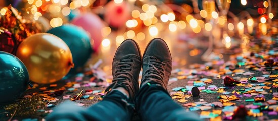 Feet at a festive party with confetti, champagne, and balloons on the floor. - obrazy, fototapety, plakaty