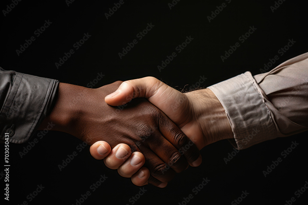 Poster a symbolic handshake between people of various ethnicities, emphasizing unity and the shared commitm