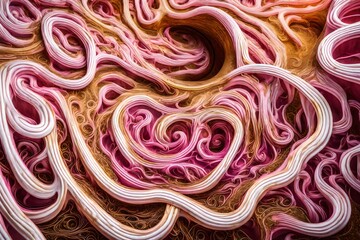 Liquid pink and white tendrils forming intricate golden labyrinths
