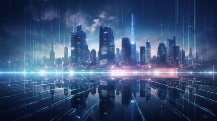 Modern City showed in Particles Hologram Cyberpunk Style