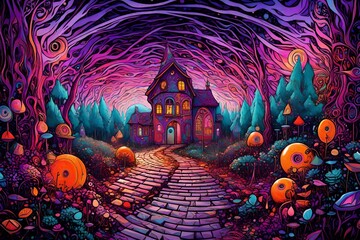 hansel and gretel, in the style of fantastical compositions, colorful, eye-catching compositions, symmetrical arrangements, purple, pink, orange and aquamarine, gothic references, spiral group, maximi - obrazy, fototapety, plakaty