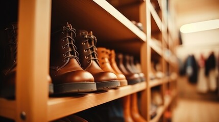 Up close view of a walkin closet filled with neatly organized shoes and boots. - obrazy, fototapety, plakaty