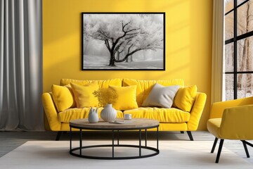 Generative AI image of a living room with a yellow sofa and pictures