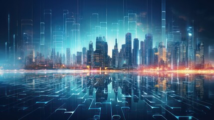 Modern City showed in Particles Hologram Cyberpunk Style