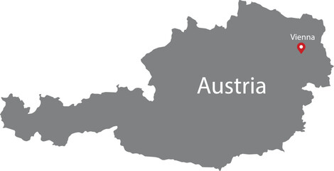 Obraz premium Gray Map of Austria with location marker of the capital and inscription of the name of the country and the capital inside map