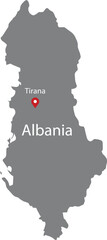 Gray Map of Albania with location marker of the capital and inscription of the name of the country and the capital inside map
