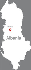 White Map of Albania with location marker of the capital and inscription of the name of the country and the capital inside map on gray background