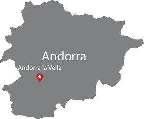 Gray Map of Andorra with location marker of the capital and inscription of the name of the country and the capital inside map