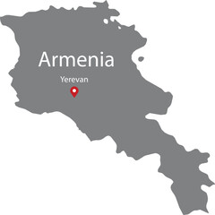 Gray Map of Armenia with location marker of the capital and inscription of the name of the country and the capital inside map