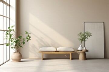 Fototapeta na wymiar Generative AI image of 3d interior of neutral living room with natural plants and an empty wooden stool