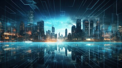 Modern City showed in Particles Hologram Cyberpunk Style