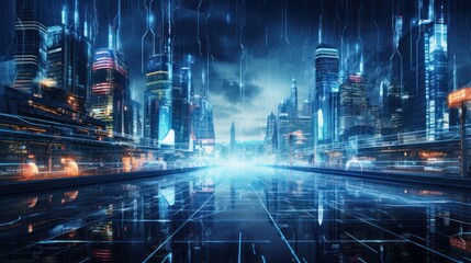 Modern City showed in Particles Hologram Cyberpunk Style - obrazy, fototapety, plakaty