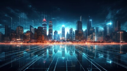 Modern City showed in Particles Hologram Cyberpunk Style