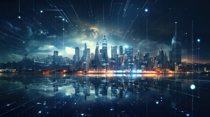 Fototapeta na wymiar Modern City showed in Particles Hologram Cyberpunk Style