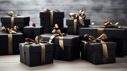 A group of black boxes with gold ribbons - obrazy, fototapety, plakaty