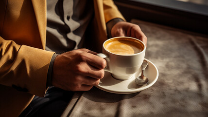 カフェラテを飲む男性の手
 - obrazy, fototapety, plakaty