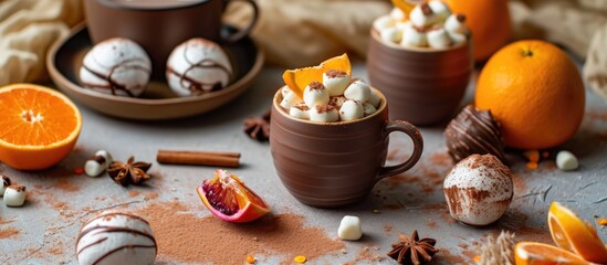 Marshmallow-filled milk chocolate ball, winter hot chocolate, stylish orange image.