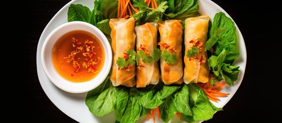 Top view of Vietnamese chicken spring roll, fried.