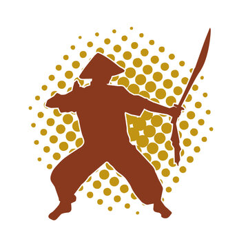 recommend clip art: Silhouette of a sword warrior in action pose. Silhouette of a martial art person carrying sword weapon. Silhouette of kendo martial art pose.