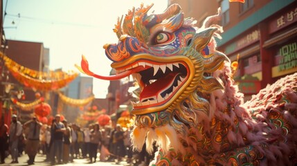 Fototapeta premium Vibrant dragon dance performance during Asian cultural festival. Traditional celebration.