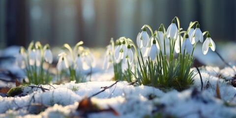 Generative AI image of Beautiful snowdrop flowers blooming in winter forest. Nature background.