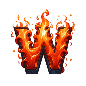 W - Alphabet Letters from Fire, in cartoon style, transparent background