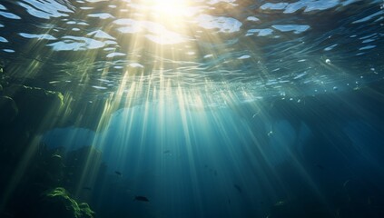 Generative AI image of an underwater view of the ocean with sunbeams and sunrays - obrazy, fototapety, plakaty