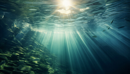 Fototapeta na wymiar Generative AI image of an underwater view of the ocean with sunbeams and sunrays