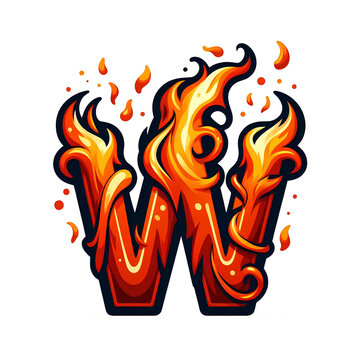 W - Alphabet Letters from Fire, in cartoon style, transparent background